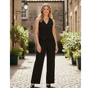 Conjunto Feminino Alfaiataria Colete + Calça Cintura Alta Preto