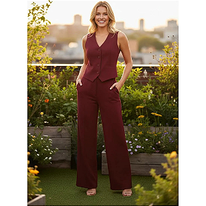 Conjunto Feminino Alfaiataria Colete + Calça Cintura Alta Bordô