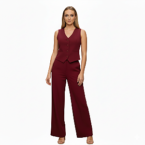Conjunto Feminino Alfaiataria Colete + Calça Cintura Alta Bordô