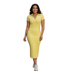 Vestido Midi Polo Feminino Malha Canelada Justo Elegante Amarelo