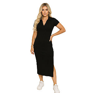 Vestido Midi Polo Feminino Malha Canelada Justo Elegante Preto