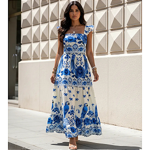 Vestido Longo Feminino Estampado Elegante Decote Quadrado Azul Branco