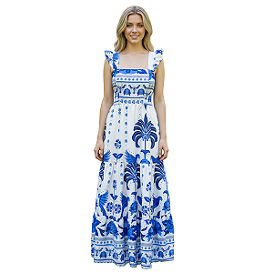 Vestido Longo Feminino Estampado Elegante Decote Quadrado Azul Branco