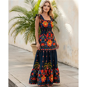 Vestido Longo Feminino Estampado Elegante Decote Quadrado Azul Laranja