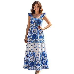 Vestido Longo Feminino Estampado Elegante Decote Quadrado Azul Estampado