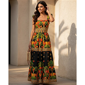 Vestido Longo Feminino Estampado Elegante Decote Quadrado Preto/Laranja