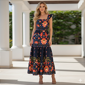 Vestido Longo Feminino Estampado Elegante Decote Quadrado Preto/Laranja