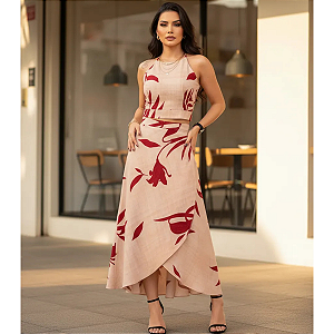 Conjunto Feminino Cropped + Saia Envelope Midi Estampado Bordô