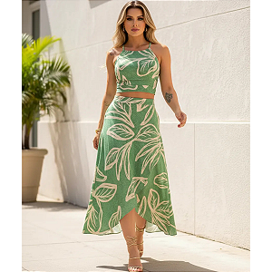 Conjunto Feminino Cropped + Saia Envelope Midi Estampado Verde