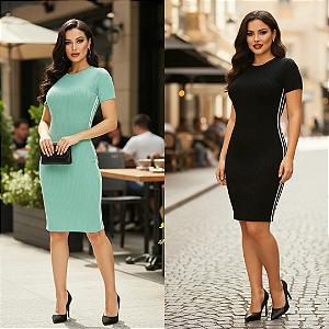 Kit De Vestidos Em Tecido Canelado Justo Tubinho Listras Preto e Verde