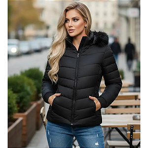 Jaqueta Puffer Feminina Com Capuz Removível Moda Inverno Preto
