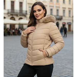 Jaqueta Puffer Feminina Com Capuz Removível Moda Inverno Bege