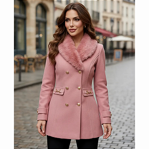 Casaco Feminino Sobretudo Elegante Gola Peluciada Inverno Rosa