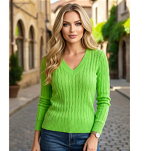 Blusa Tricô De Frio Manga Longa Gola V Para Inverno Europeu Verde