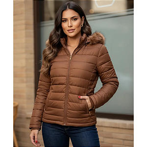 Jaqueta Puffer Feminina Inverno Forrada Quentinha Com Capuz Marrom