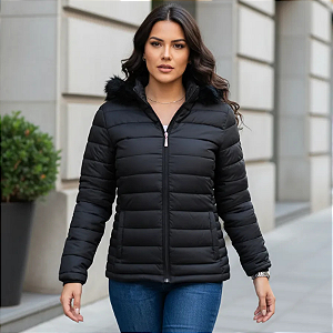 Jaqueta Puffer Feminina Inverno Forrada Quentinha Com Capuz Preto