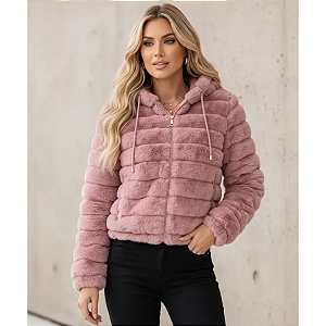 Jaqueta De Frio Feminina Pelinho Casaco Pelúcia Com Capuz Rosa