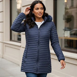 Jaqueta Alongada Feminina Parka Puffer Capuz Removível Frio Azul Marinho