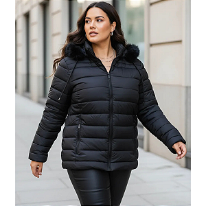 Jaqueta Com Capuz Moda Feminina Plus Size Puffer Inverno Preto