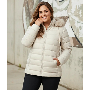 Jaqueta Com Capuz Moda Feminina Plus Size Puffer Inverno Bege Claro