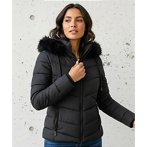 Jaqueta Moda Feminina Puffer Acolchoada Inverno Zíper Luxo Preto