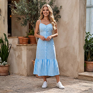 Vestido Feminino Midi Xadrez Com Botões E Fenda Alça Verão Azul