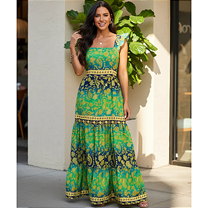 Vestido Longo Feminino Estampado Elegante Decote Quadrado Verde