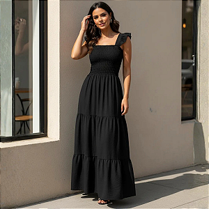 Vestido Feminino Longo Fluido Lastex No Busto Babados Alça Preto
