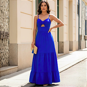 Vestido Longo Duna Feminino Elegante Festa Casual Alcinha Azul Royal