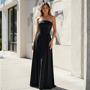 Vestido Tomara Que Caia Alfaiataria Laço Nas Costas Longo Preto