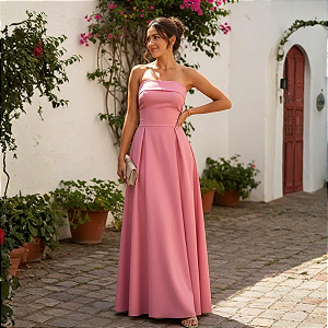 Vestido Tomara Que Caia Alfaiataria Laço Nas Costas Longo Rosa