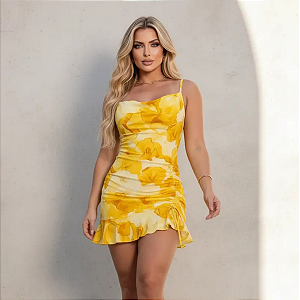 Vestido Curto Feminino Floral Alcinha Com Drapeado Lateral Amarelo