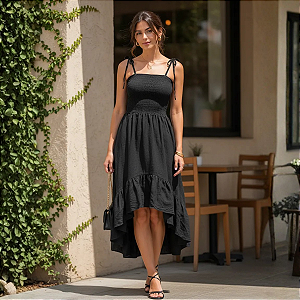 Vestido Feminino Elegante Midi Com Lastex Ajustável Ao Corpo Preto