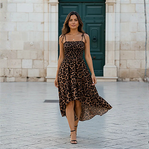 Vestido Feminino Elegante Midi Com Lastex Ajustável Ao Corpo Oncinha