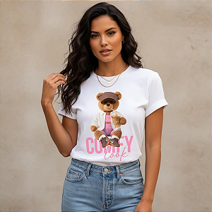 Blusa Feminina Camiseta Baby Look 100% Algodão Gola Redonda Off Urso