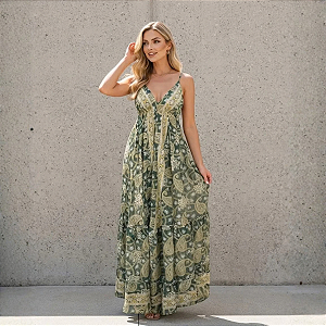 Vestido Longo Indiano Com Recortes E Alças Cruzadas Ajuste Verde