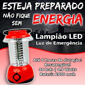 Lampião Luz de Emergência Led C/ Alça e Gancho- Luminária Recarregável 44 Led (PRÉ VENDA)
