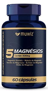 5 Magnésios - Quelato + Malato + Taurato + Sulfato + Óxido - 60 Cápsulas Muwiz