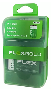 Bateria 9V Recarregável USB-C - Lítio 1200 MAH - Flex Gold - FX-L9V1