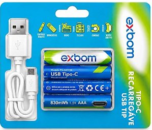 Pilha AAA de Lítio Recarregavel USB-C 830 mWh - Cartela c/ 4 - exbom