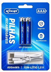 Pilhas AAA Recarregavel 1,5v 600 mWh - KP-2700AAA - USB-C - cartela c/ 2 Unidades