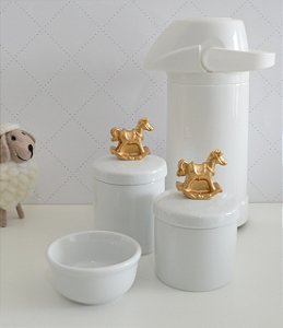 Kit Higiene Porcelana Bebê Maternidade Bancada Temas Dourado Decoração + Garrafa Térmica 500ml