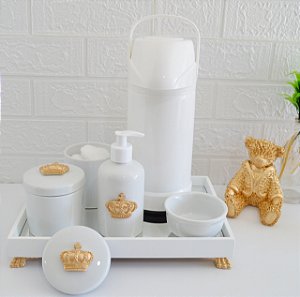 Kit Higiene Bebê Porcelana Térmica Bandeja Banho Coroa