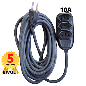 Extensão 2, 3 e 5 Metros Preto Cabo PP 2x2,5 Grosso 10A