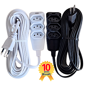 EXTENSÃO 2P+T BRANCO E PRETO BIPOLAR 10A Megatron
