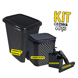 Kit de Cozinha com Lixeira, Rodinho, Porta Sabão Rattan Arqplast