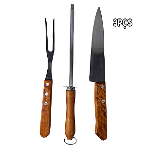 Kit Churrasco com 3 Pçs Faca, Chaira e Garfo Trinchante em Inox