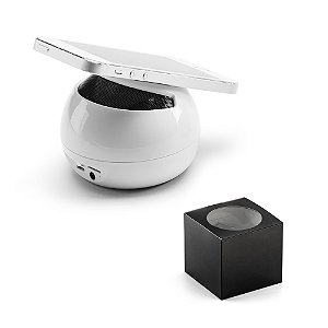 Caixa de som com microfone e suporte para celular preta