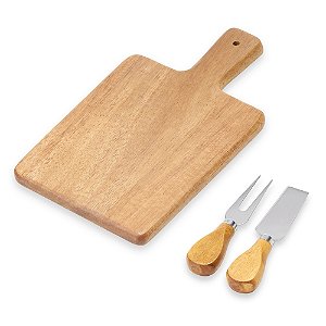 Kit Queijo 3 Peças tábua retangular faca e garfo