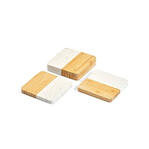 Porta Copos Em Mármore E Bambu- Kit Com 4 Unidades